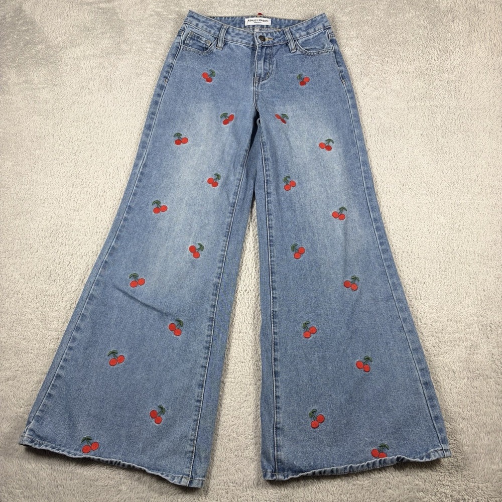 Ashley Mason Cherry Embroidered Bell Bottom Flare Jeans Womens 00/23 x 30 Y2K